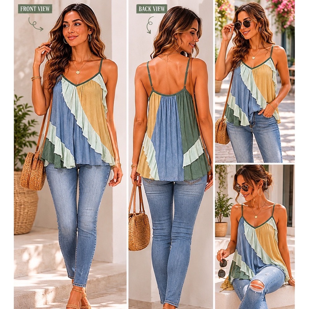 Gigio USA Colorblock Ruffle Cami Top Boho Beachy Festival Tank Grunge Vacation